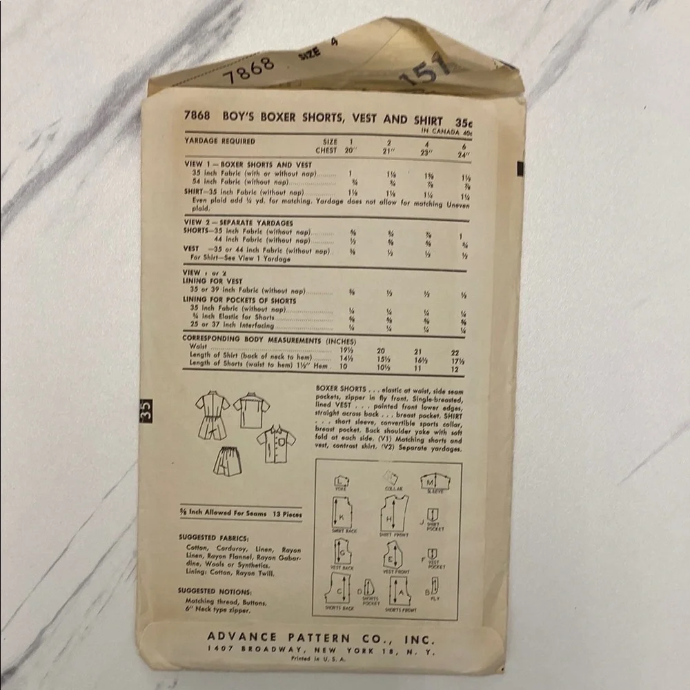 Vintage 1950s Advance Sewing Pattern for Boys' Outfits